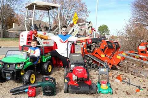 Lawn mower helps excavator at the playground with leaf blower, weed eater and chainsaw | Kids mowers